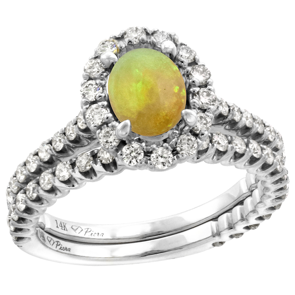 14k White Gold Diamond Genuine Ethiopian Opal Halo Engagement Ring Set 2 Piece Oval 7x5mm, size 5-10