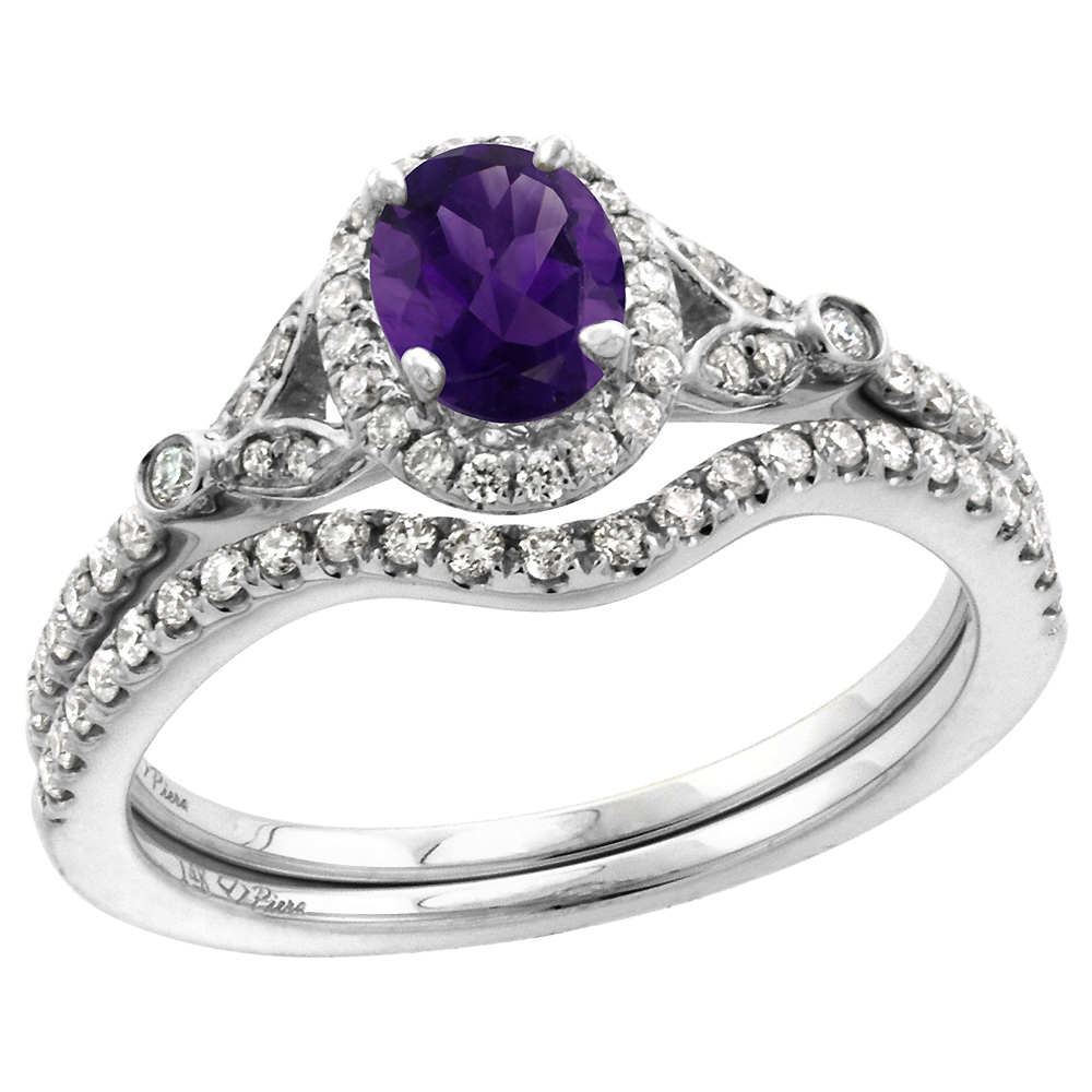 14k White Gold Diamond Genuine Amethyst Halo Engagement Ring Set 2 Piece Oval 7x5mm, size 5-10