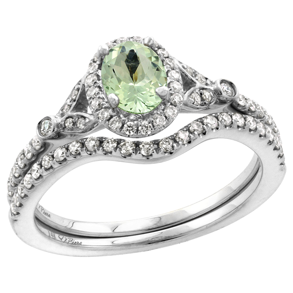 14k White Gold Diamond Genuine Green Amethyst Halo Engagement Ring Set 2 Piece Oval 7x5mm, size 5-10