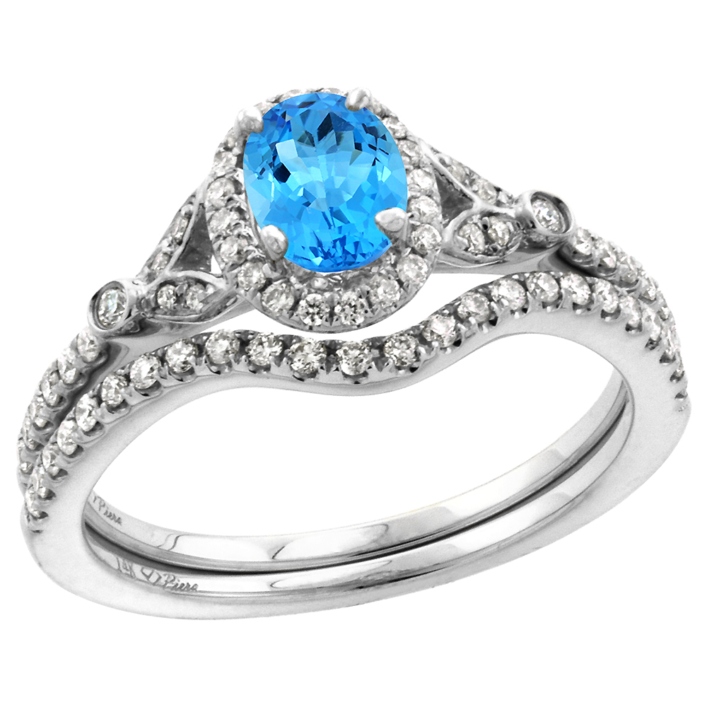 14k White Gold Diamond Genuine Swiss Blue Topaz Halo Engagement Ring Set 2 Piece Oval 7x5mm, size 5-10