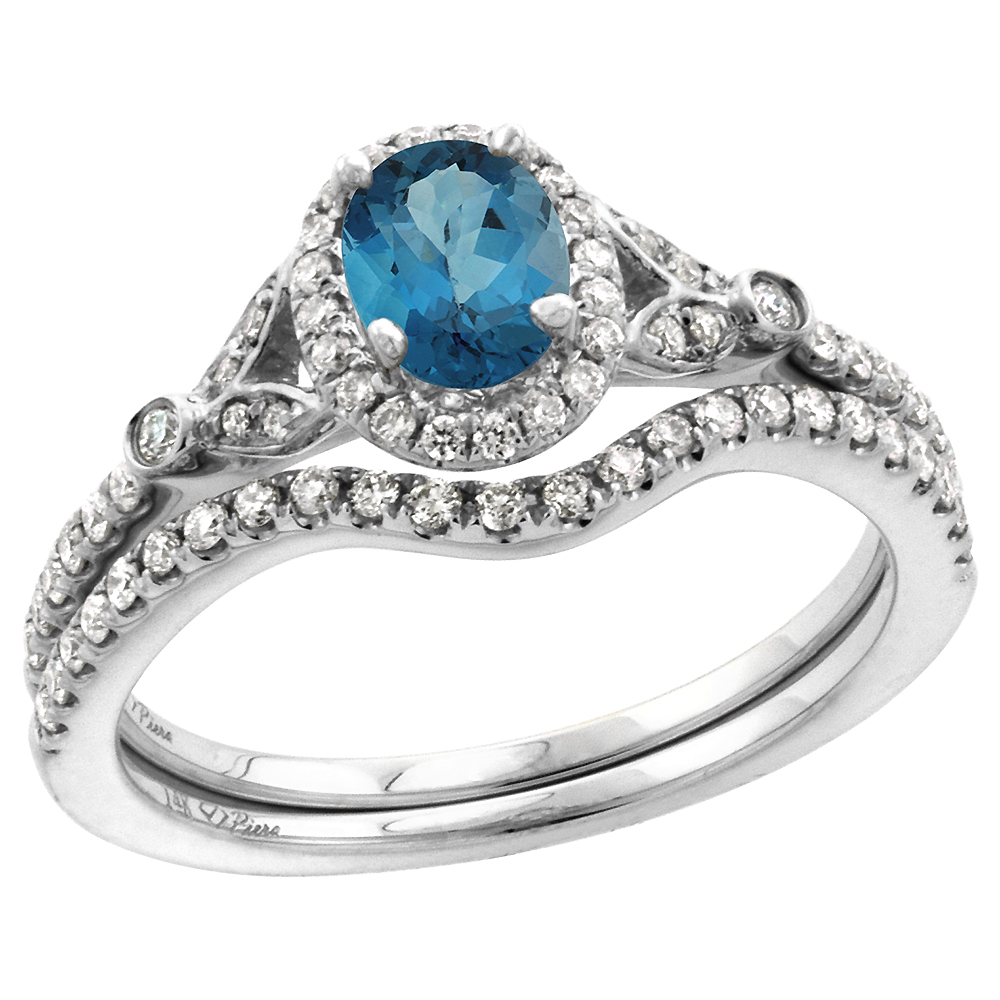 14k White Gold Diamond Genuine London Blue Topaz Halo Engagement Ring Set 2 Piece Oval 7x5mm, size 5-10