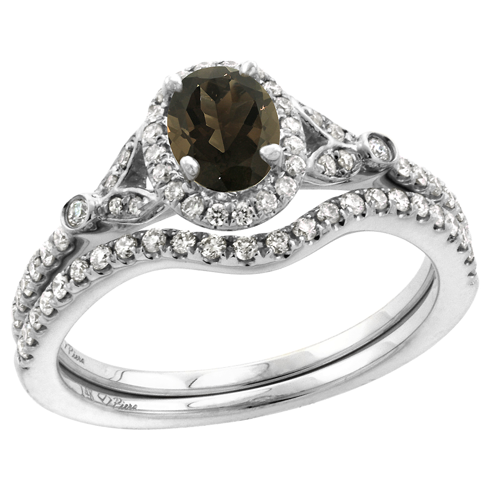 14k White Gold Diamond Genuine Smoky Topaz Halo Engagement Ring Set 2 Piece Oval 7x5mm, size 5-10