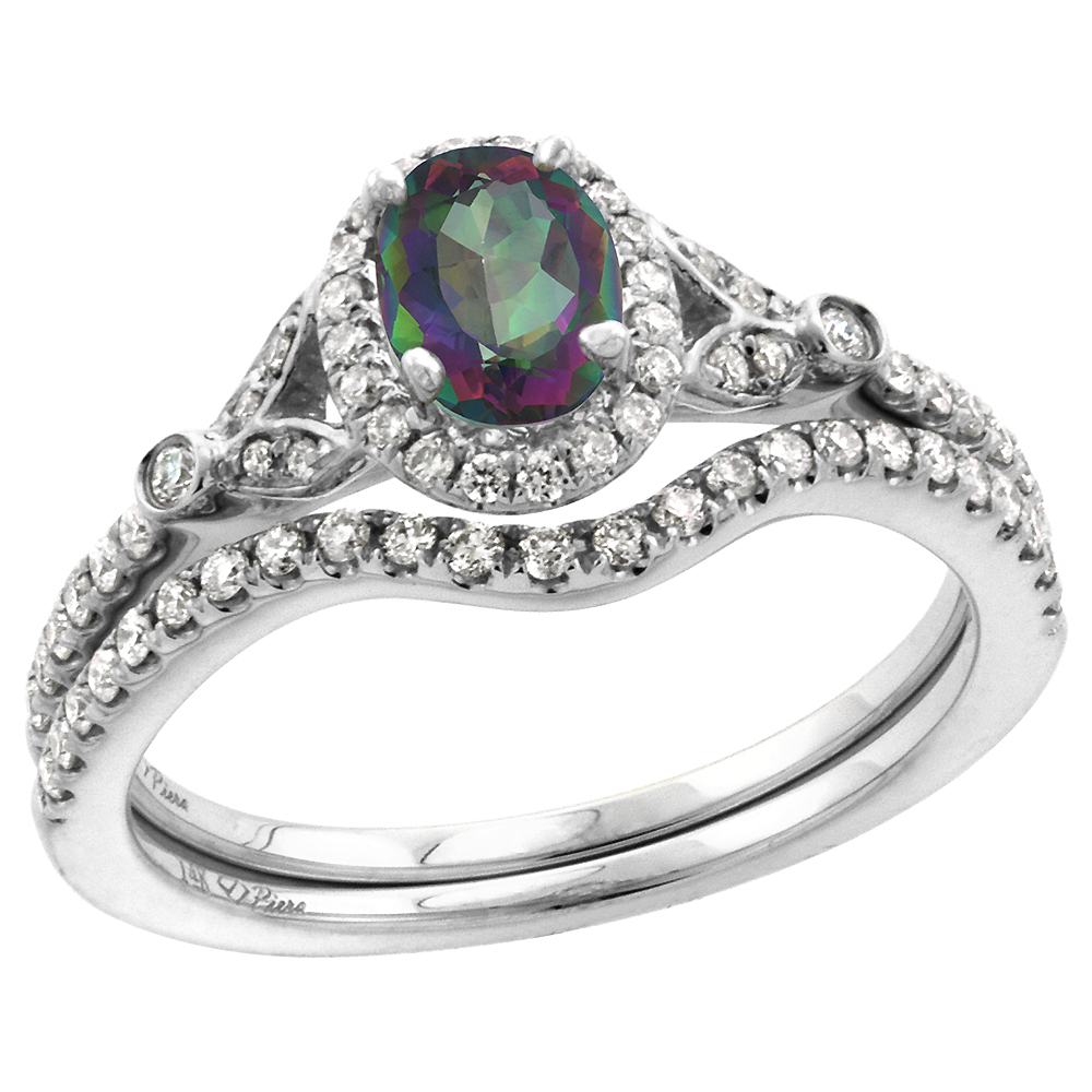 14k White Gold Diamond Genuine Mystic Topaz Halo Engagement Ring Set 2 Piece Oval 7x5mm, size 5-10