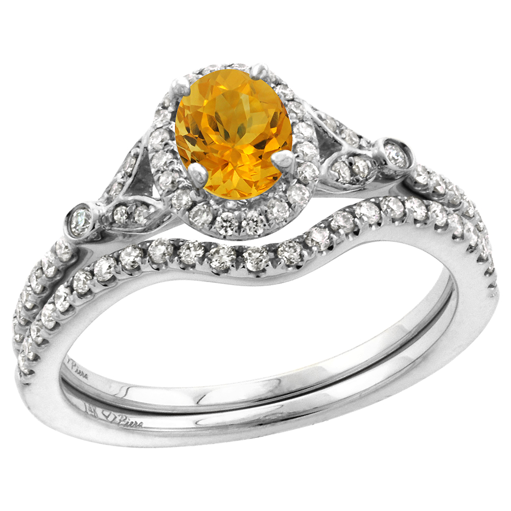 14k White Gold Diamond Genuine Citrine Halo Engagement Ring Set 2 Piece Oval 7x5mm, size 5-10
