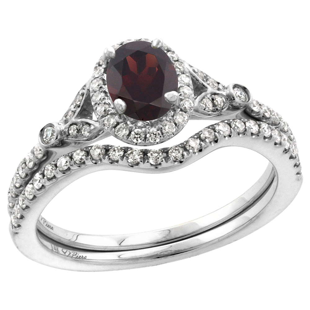 14k White Gold Diamond Genuine Garnet Halo Engagement Ring Set 2 Piece Oval 7x5mm, size 5-10