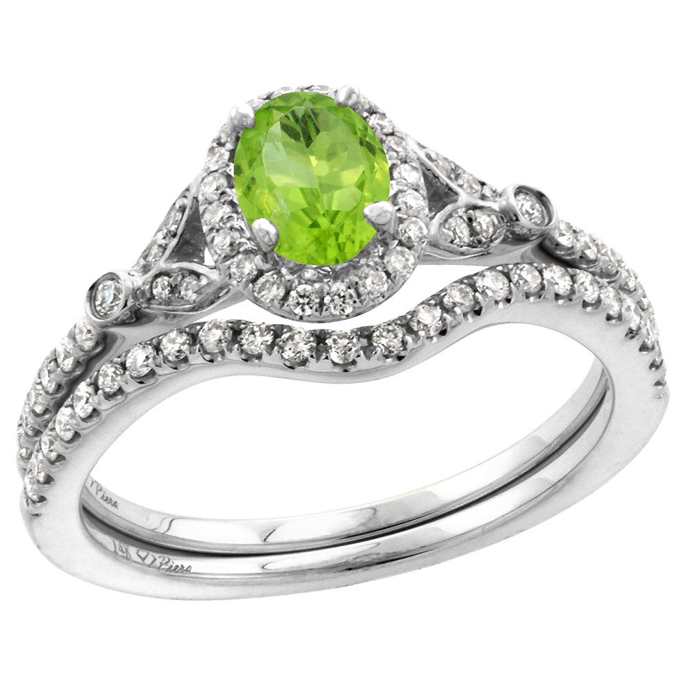 14k White Gold Diamond Genuine Peridot Halo Engagement Ring Set 2 Piece Oval 7x5mm, size 5-10