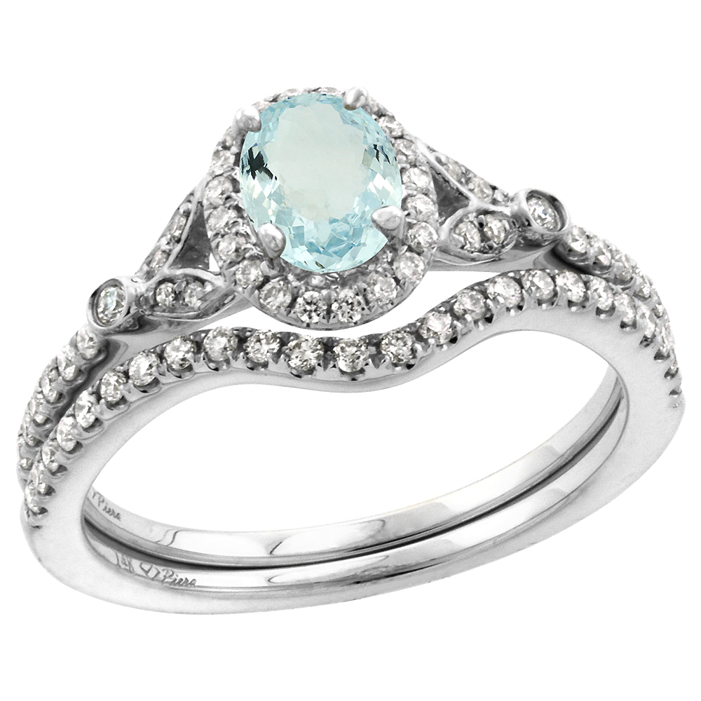 14k White Gold Diamond Genuine Aquamarine Halo Engagement Ring Set 2 Piece Oval 7x5mm, size 5-10