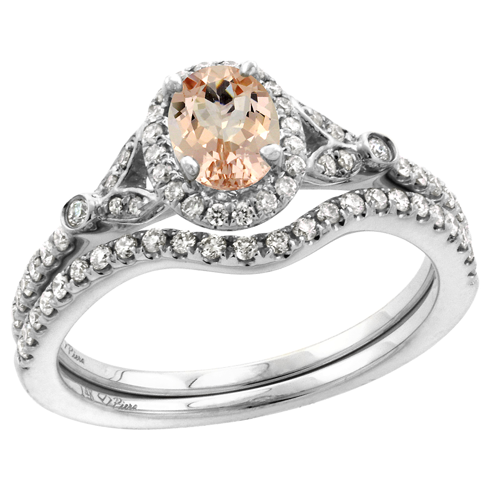 14k White Gold Diamond Genuine Morganite Halo Engagement Ring Set 2 Piece Oval 7x5mm, size 5-10