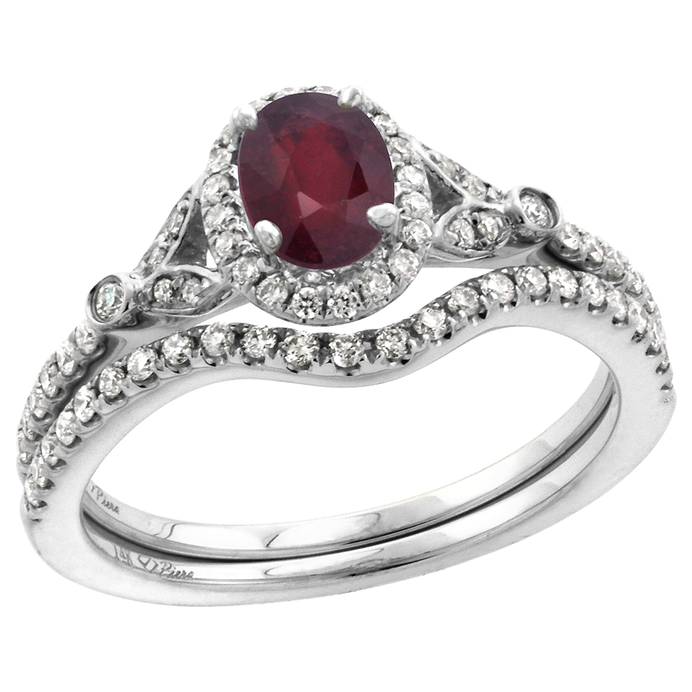 14k White Gold Diamond Enhanced Genuine Ruby Halo Engagement Ring Set 2 Piece Oval 7x5mm, size 5-10