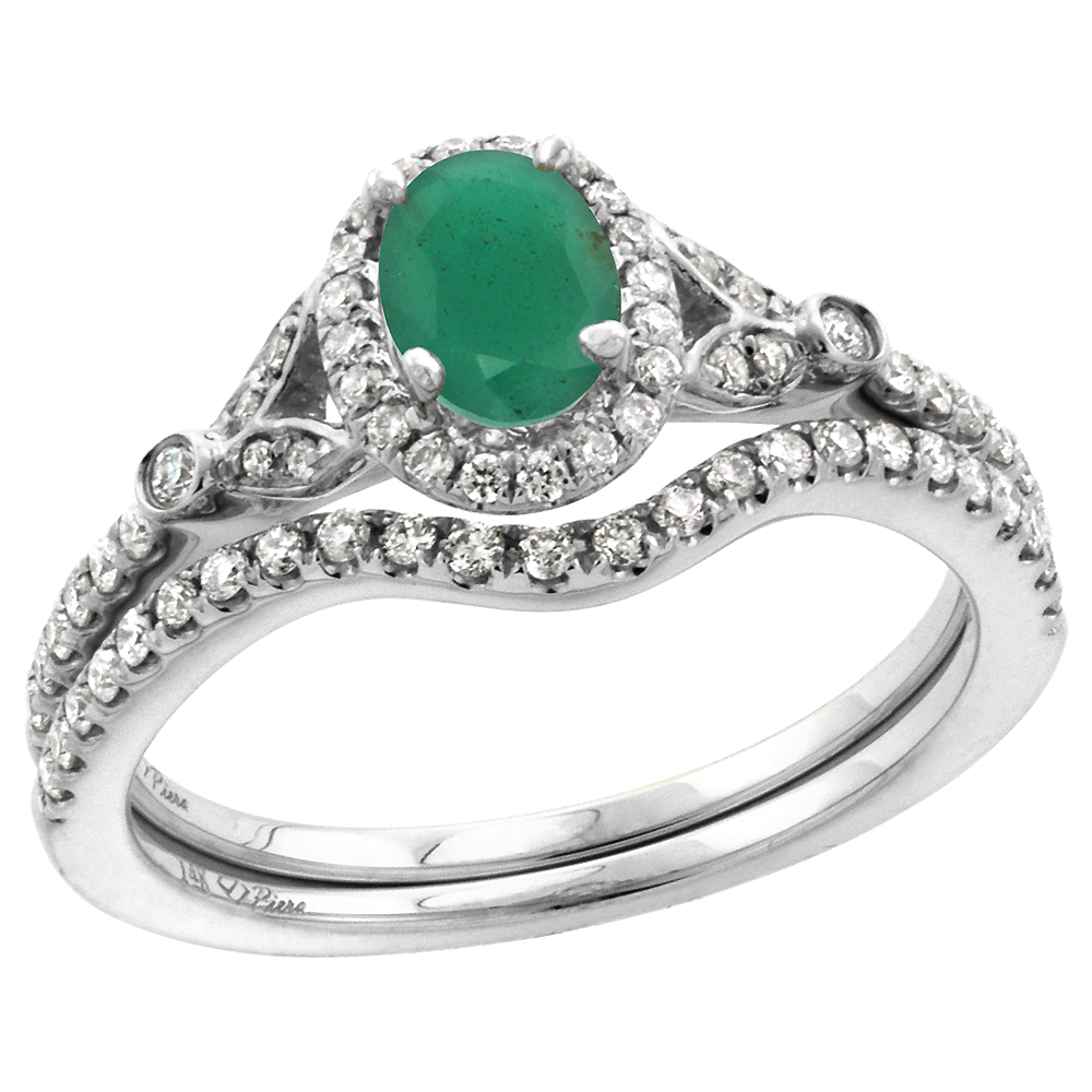 14k White Gold Diamond Genuine Emerald Halo Engagement Ring Set 2 Piece Oval 7x5mm, size 5-10