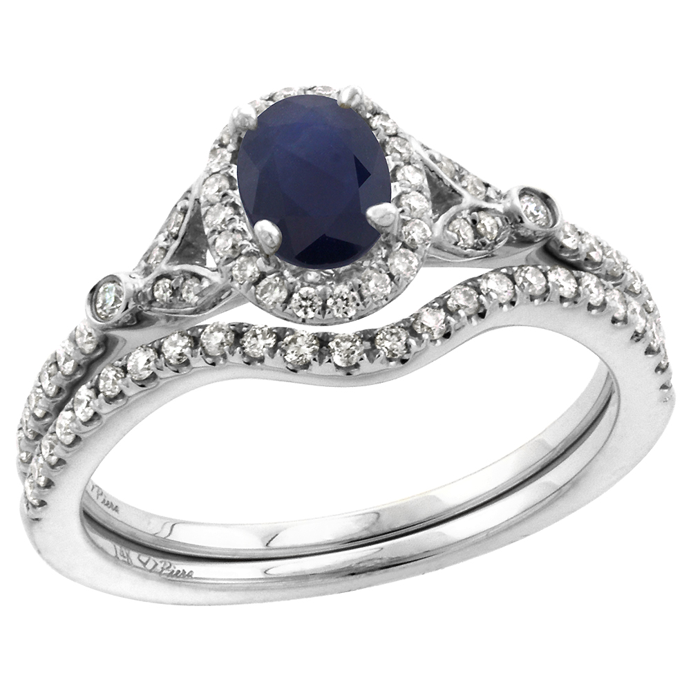 14k White Gold Diamond Genuine Blue Sapphire Halo Engagement Ring Set 2 Piece Oval 7x5mm, size 5-10
