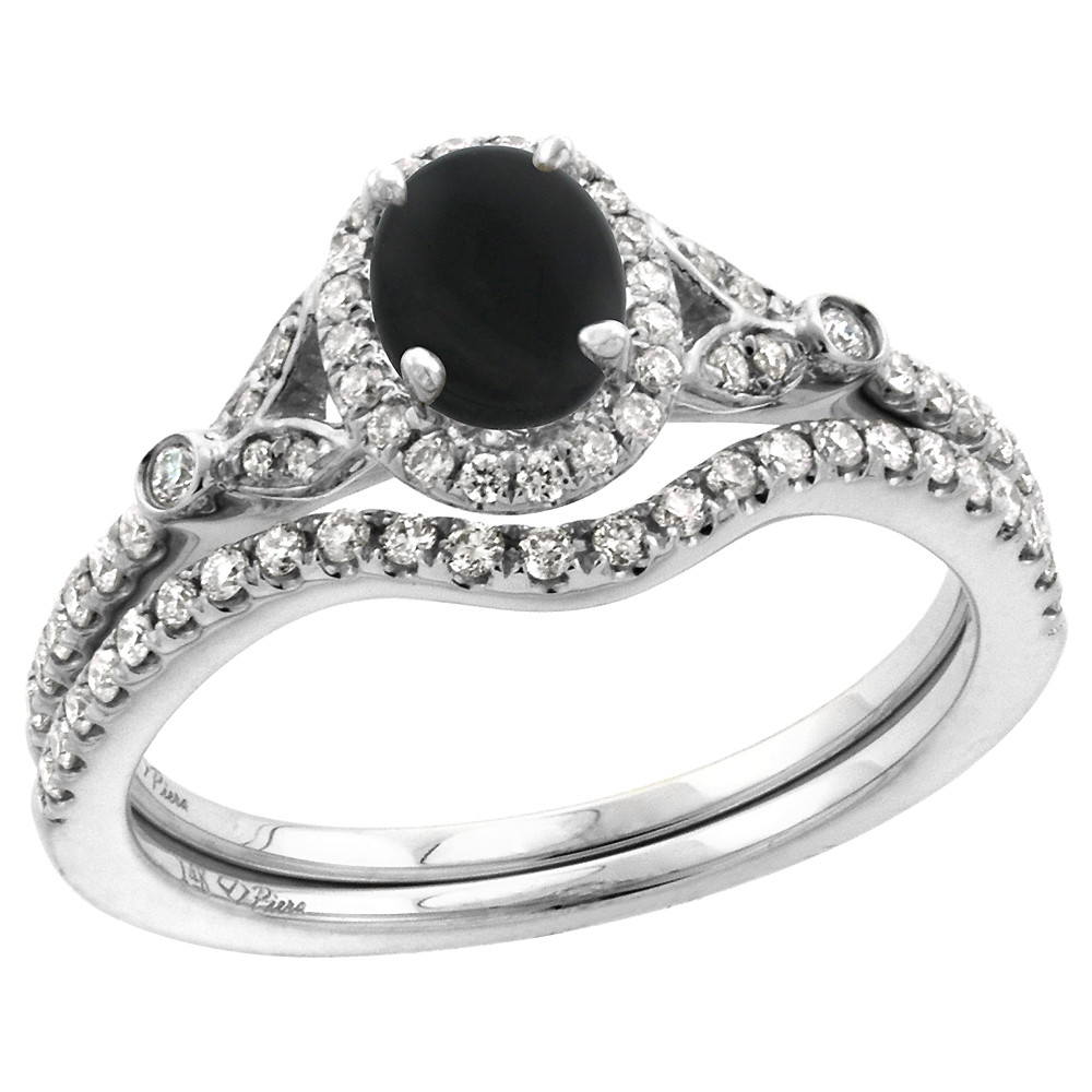 14k White Gold Diamond Genuine Black Onyx Halo Engagement Ring Set 2 Piece Oval 7x5mm, size 5-10