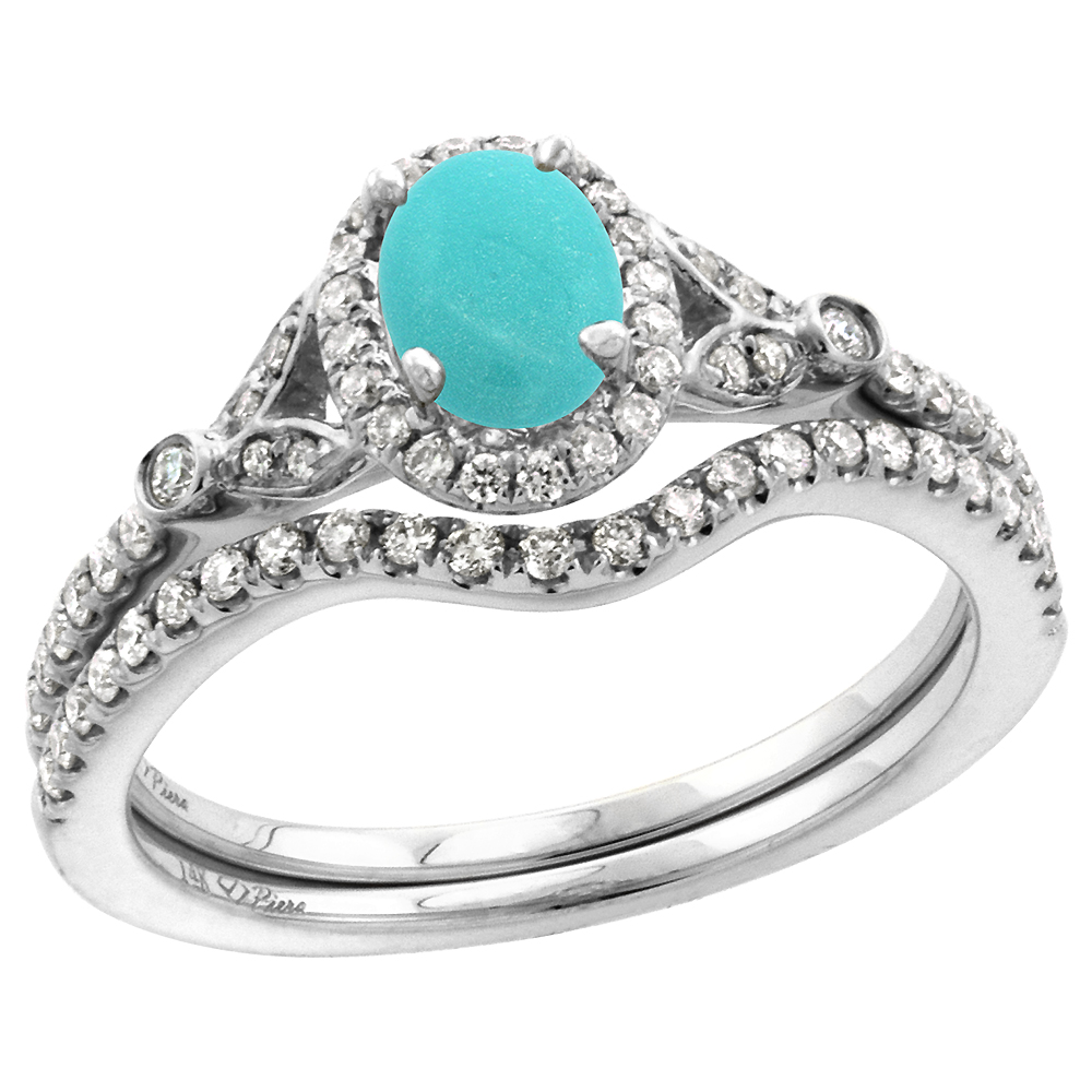 14k White Gold Diamond Genuine Turquoise Halo Engagement Ring Set 2 Piece Oval 7x5mm, size 5-10