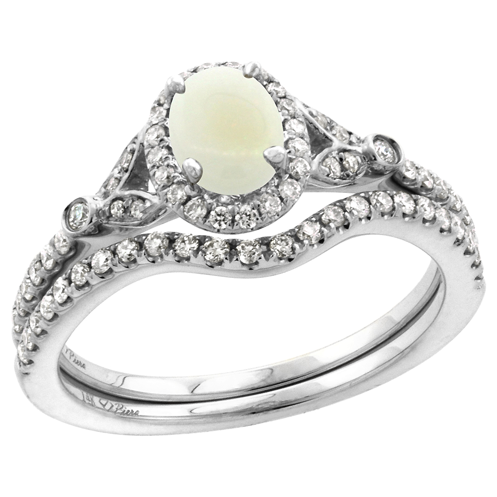 14k White Gold Diamond Genuine Opal Halo Engagement Ring Set 2 Piece Oval 7x5mm, size 5-10