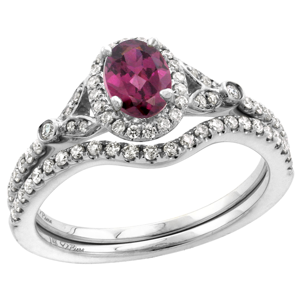 14k White Gold Diamond Genuine Rhodolite Garnet Halo Engagement Ring Set 2 Piece Oval 7x5mm, size 5-10