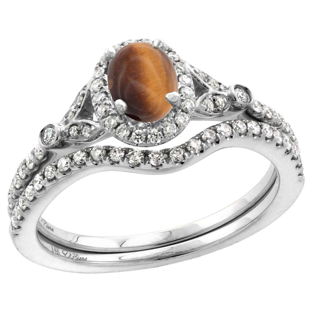 14k White Gold Diamond Genuine Tiger Eye Halo Engagement Ring Set 2 Piece Oval 7x5mm, size 5-10