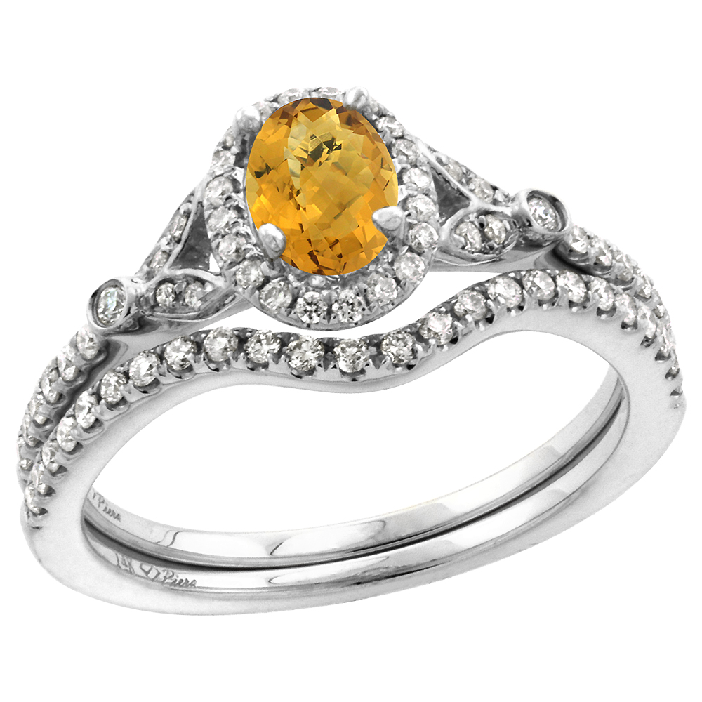 14k White Gold Diamond Genuine Whisky Quartz Halo Engagement Ring Set 2 Piece Oval 7x5mm, size 5-10