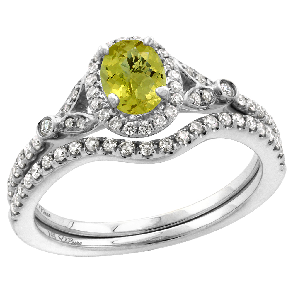 14k White Gold Diamond Genuine Lemon Quartz Halo Engagement Ring Set 2 Piece Oval 7x5mm, size 5-10