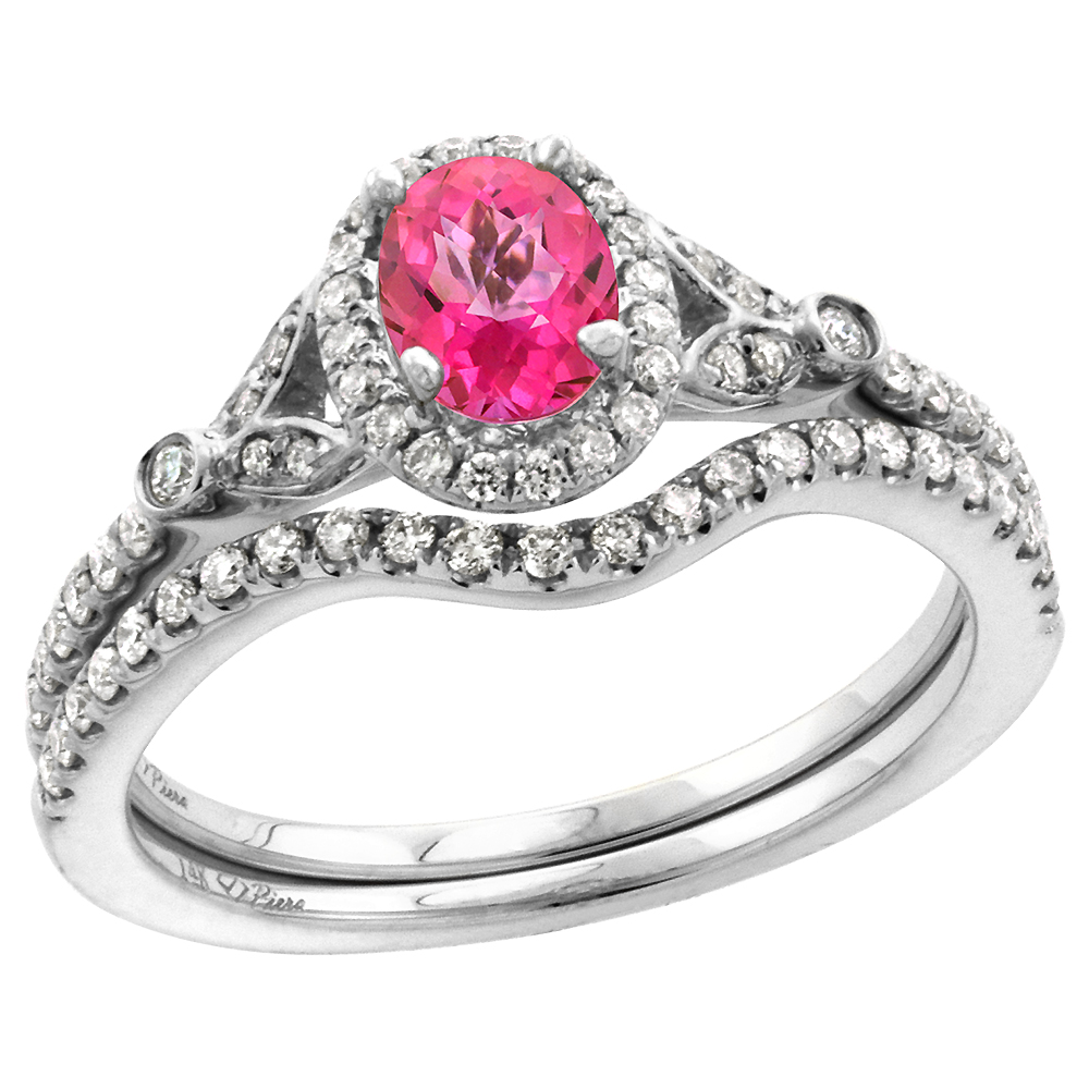 14k White Gold Diamond Genuine Pink Sapphire Halo Engagement Ring Set 2 Piece Oval 7x5mm, size 5-10
