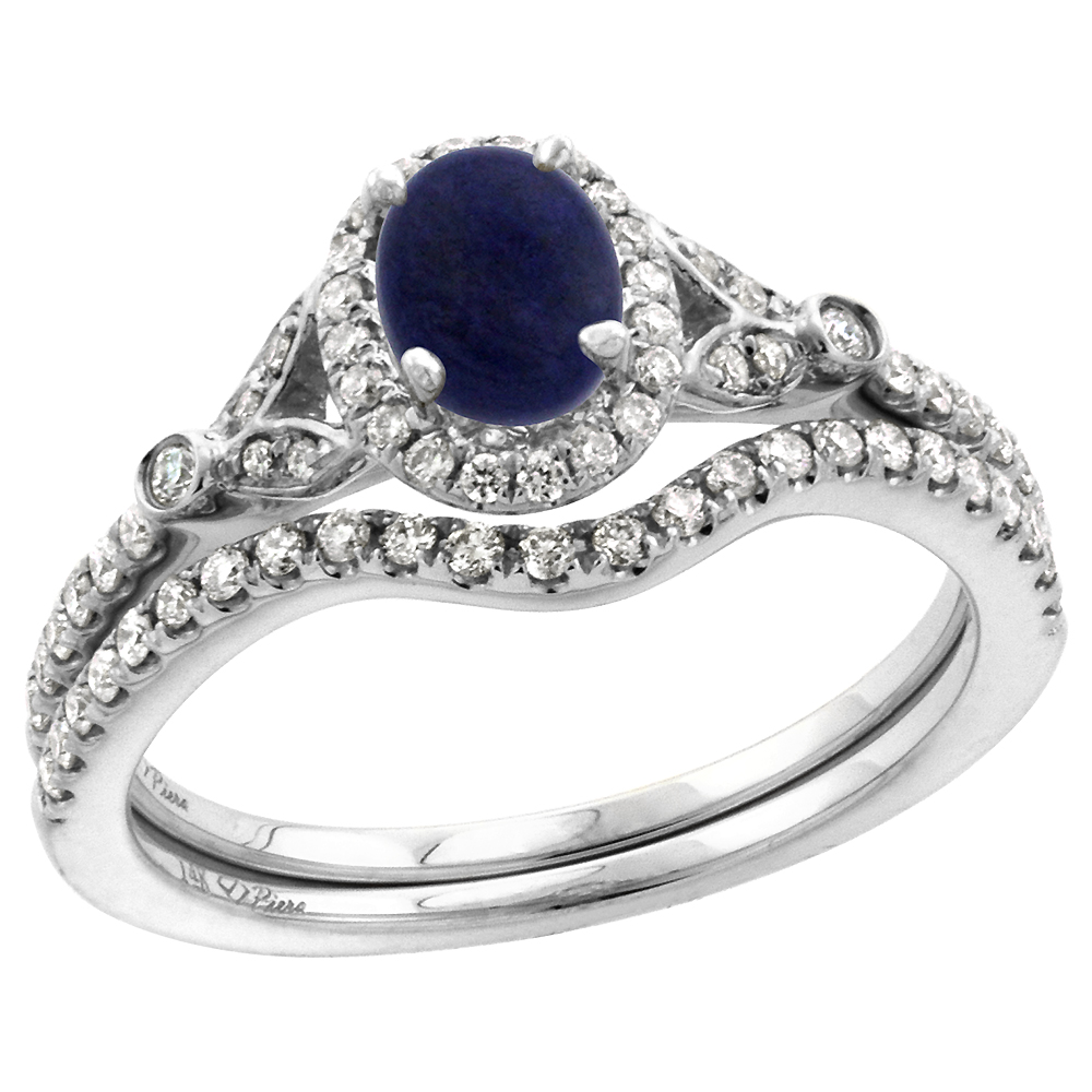 14k White Gold Diamond Genuine Lapis Lazuli Halo Engagement Ring Set 2 Piece Oval 7x5mm, size 5-10