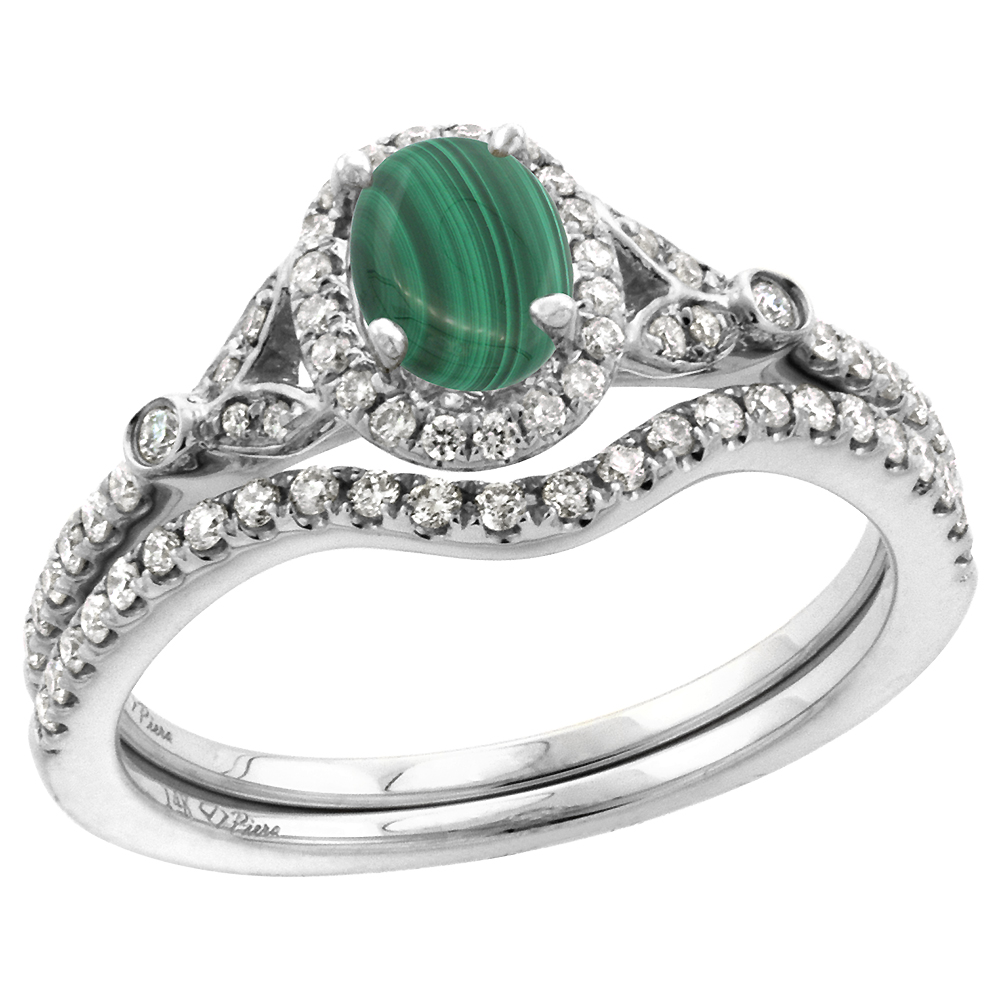 14k White Gold Diamond Genuine Malachite Halo Engagement Ring Set 2 Piece Oval 7x5mm, size 5-10