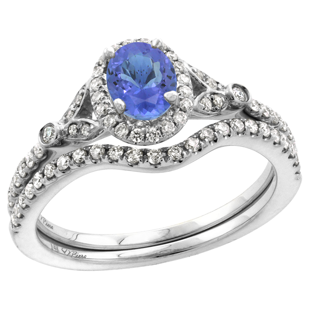 14k White Gold Diamond Genuine Tanzanite Halo Engagement Ring Set 2 Piece Oval 7x5mm, size 5-10