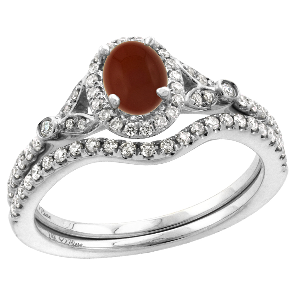 14k White Gold Diamond Genuine Brown Agate Halo Engagement Ring Set 2 Piece Oval 7x5mm, size 5-10
