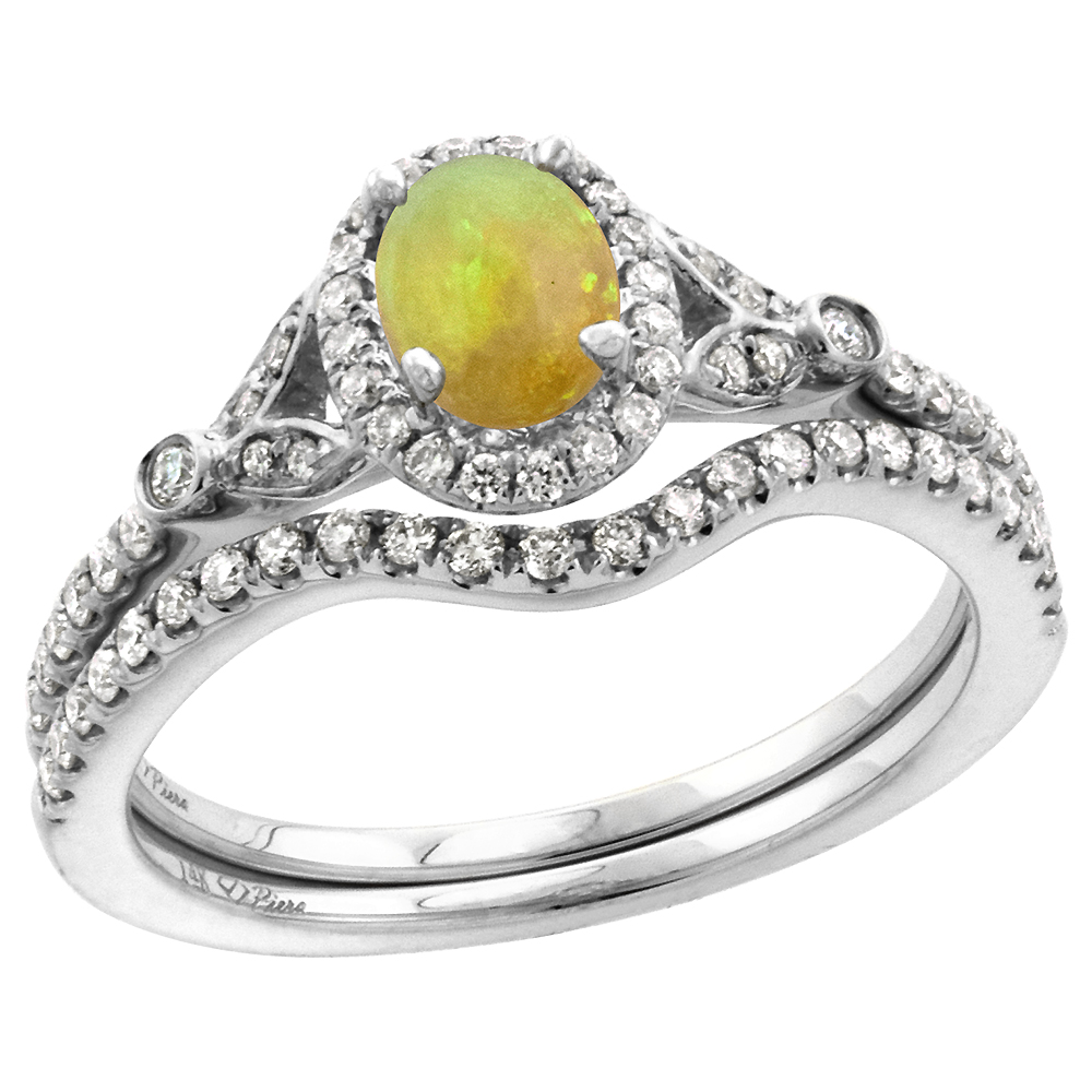 14k White Gold Diamond Genuine Ethiopian Opal Halo Engagement Ring Set 2 Piece Oval 7x5mm, size 5-10