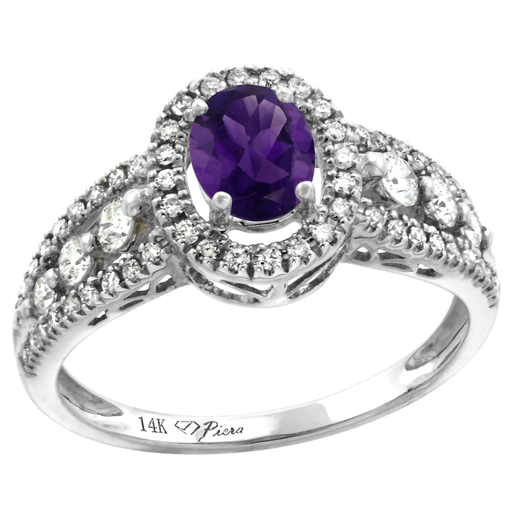 14k White Gold Diamond Genuine Amethyst Halo Engagement Ring Oval 7x5mm, size 5-10
