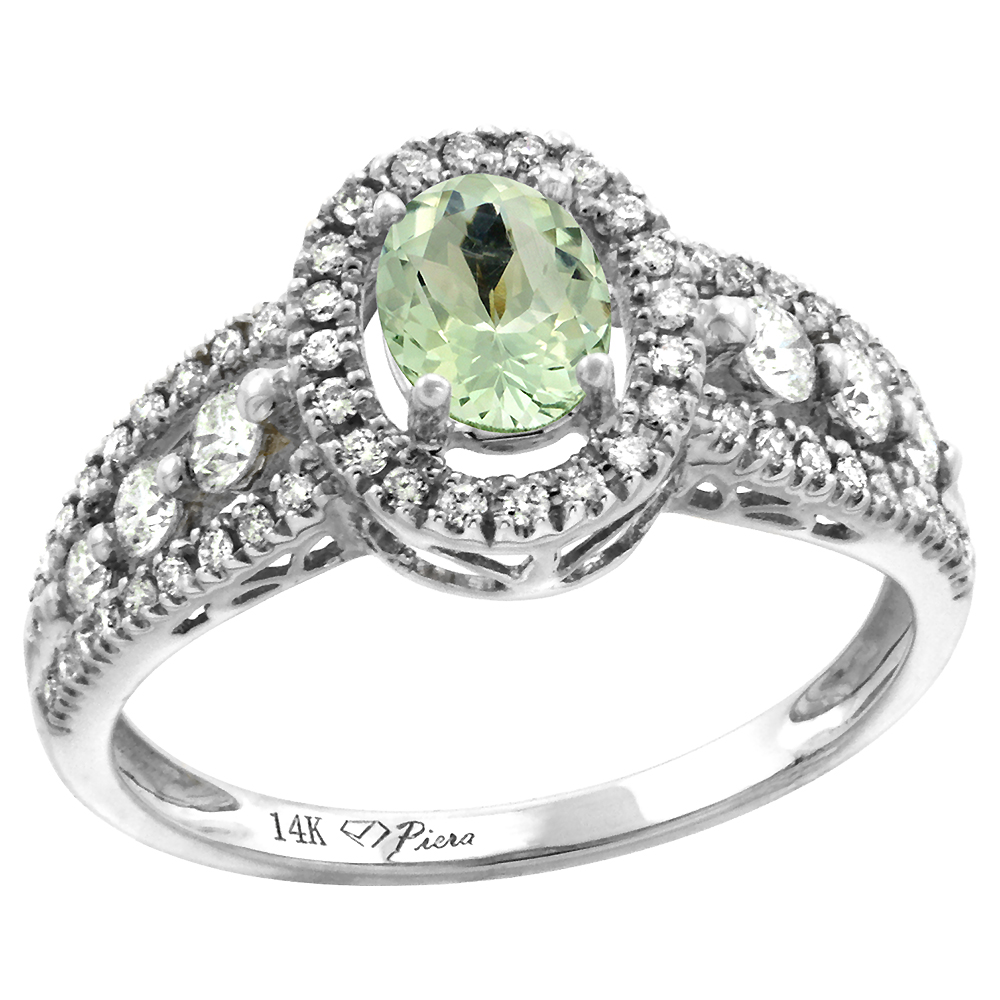 14k White Gold Diamond Genuine Green Amethyst Halo Engagement Ring Oval 7x5mm, size 5-10