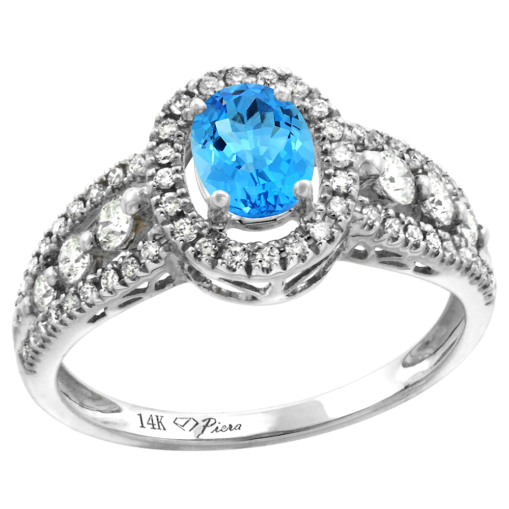 14k White Gold Diamond Genuine Swiss Blue Topaz Halo Engagement Ring Oval 7x5mm, size 5-10