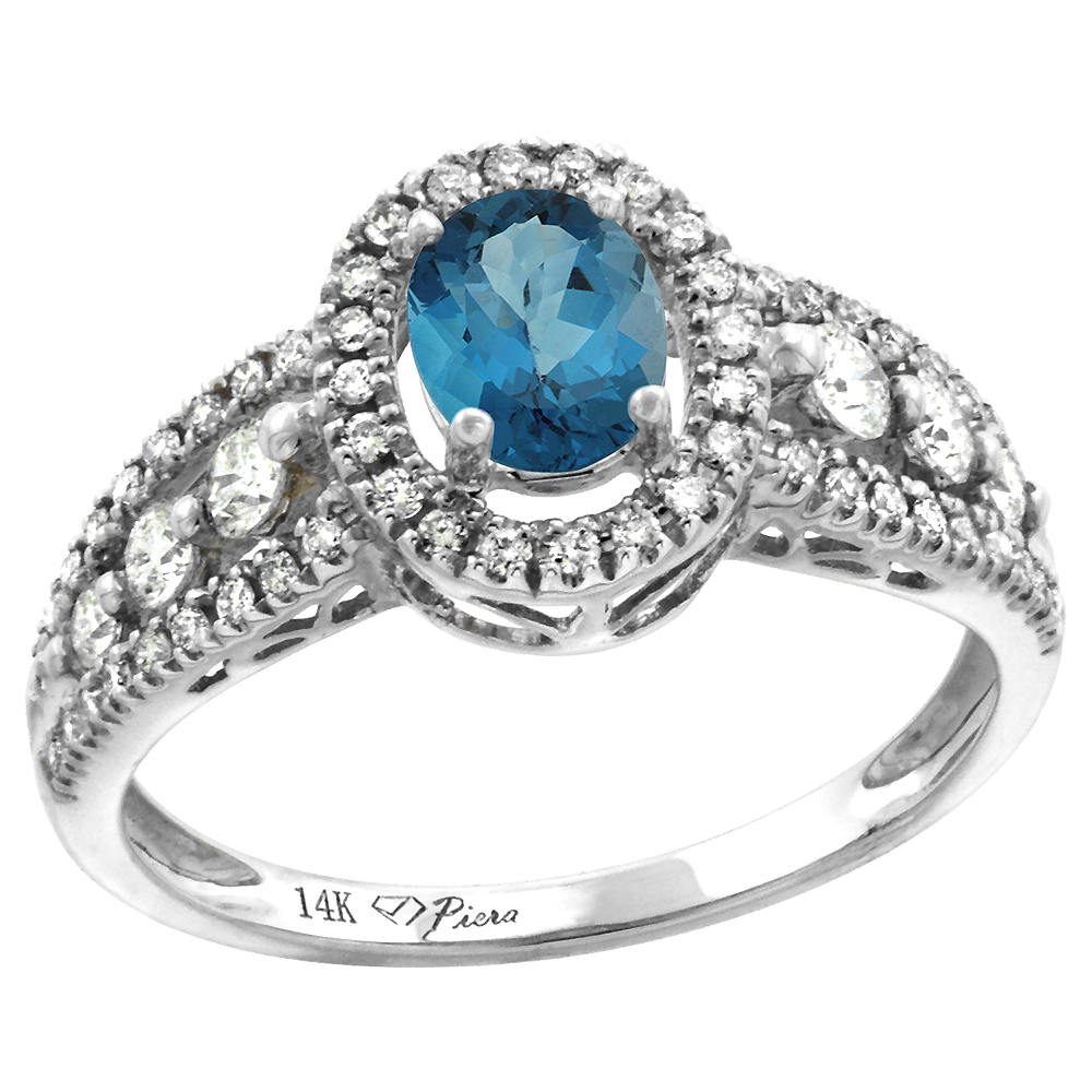 14k White Gold Diamond Genuine London Blue Topaz Halo Engagement Ring Oval 7x5mm, size 5-10
