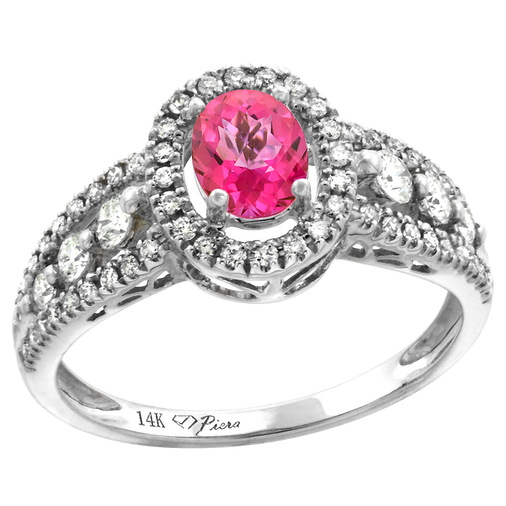14k White Gold Diamond Genuine Pink Topaz Halo Engagement Ring Oval 7x5mm, size 5-10