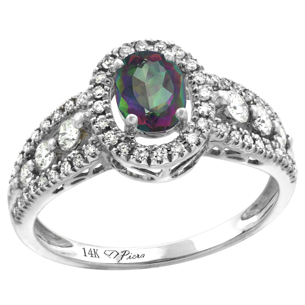 14k White Gold Diamond Genuine Mystic Topaz Halo Engagement Ring Oval 7x5mm, size 5-10