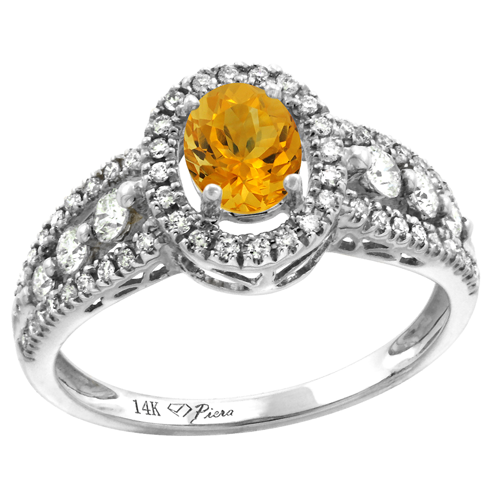 14k White Gold Diamond Genuine Citrine Halo Engagement Ring Oval 7x5mm, size 5-10