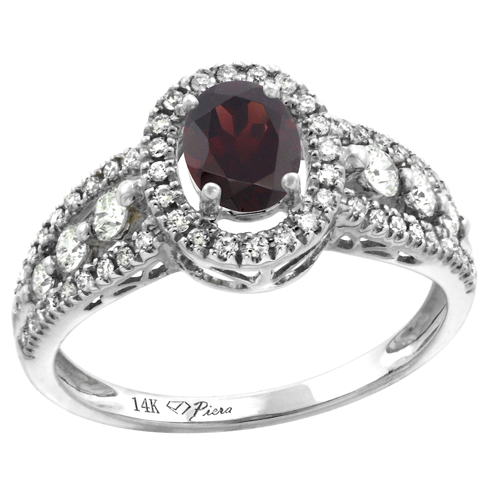 14k White Gold Diamond Genuine Garnet Halo Engagement Ring Oval 7x5mm, size 5-10