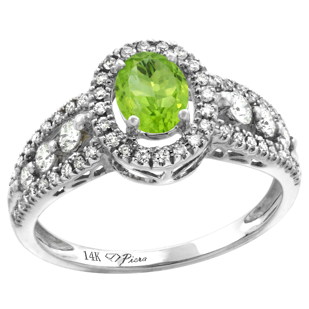 14k White Gold Diamond Genuine Peridot Halo Engagement Ring Oval 7x5mm, size 5-10