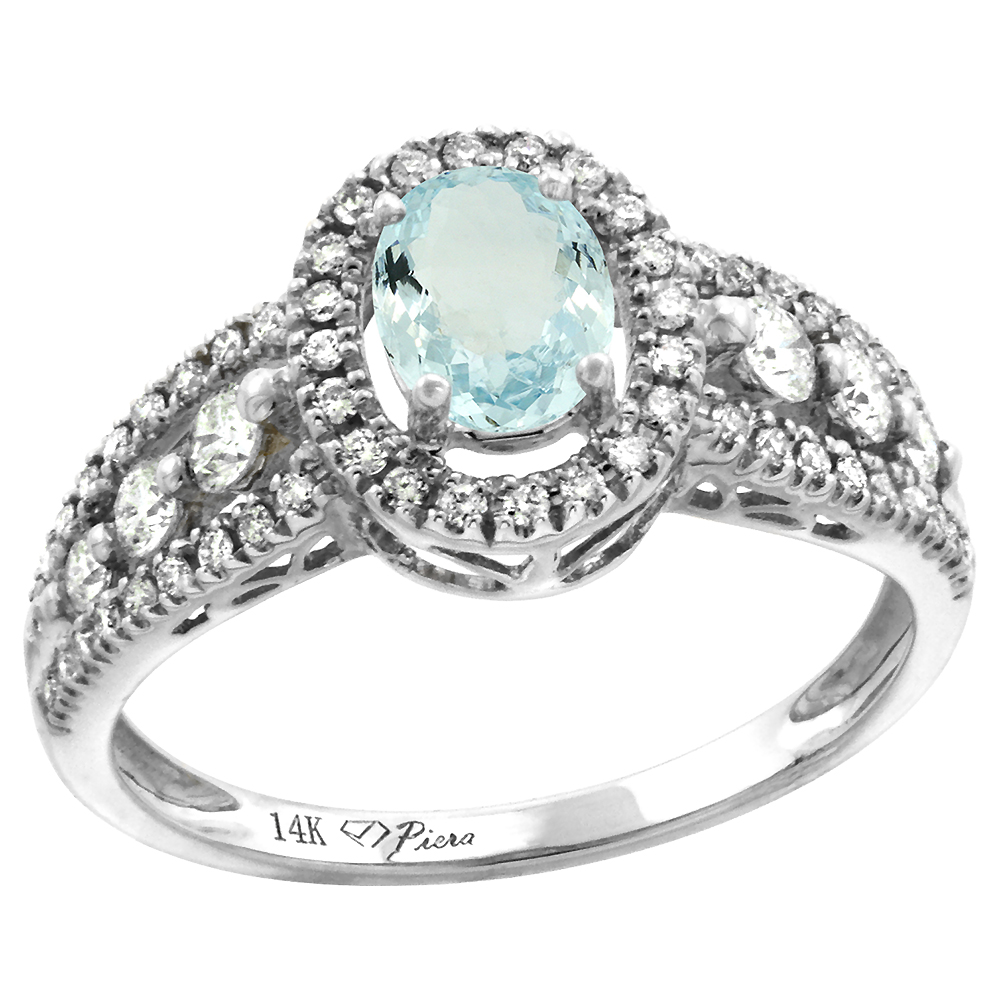 14k White Gold Diamond Genuine Aquamarine Halo Engagement Ring Oval 7x5mm, size 5-10