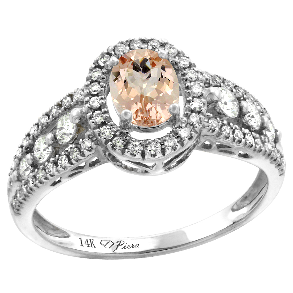 14k White Gold Diamond Genuine Morganite Halo Engagement Ring Oval 7x5mm, size 5-10