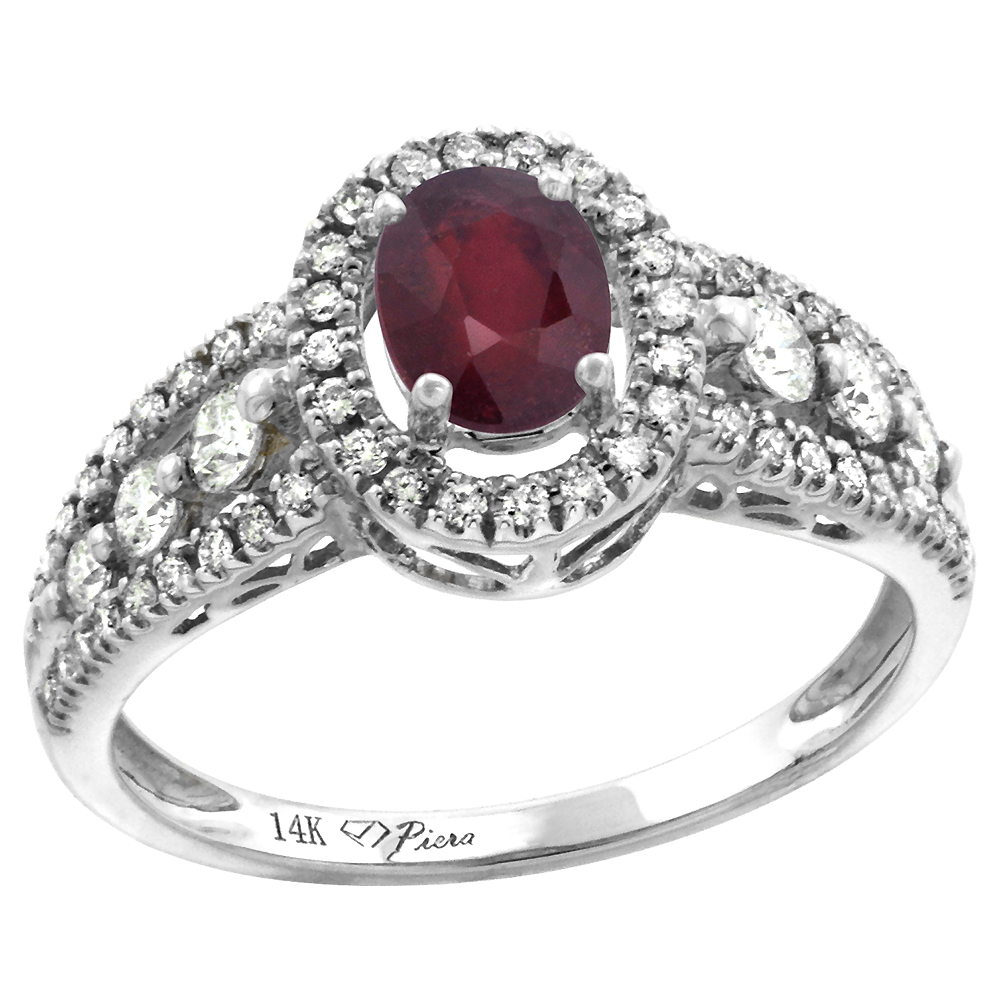 14k White Gold Diamond Enhanced Genuine Ruby Halo Engagement Ring Oval 7x5mm, size 5-10