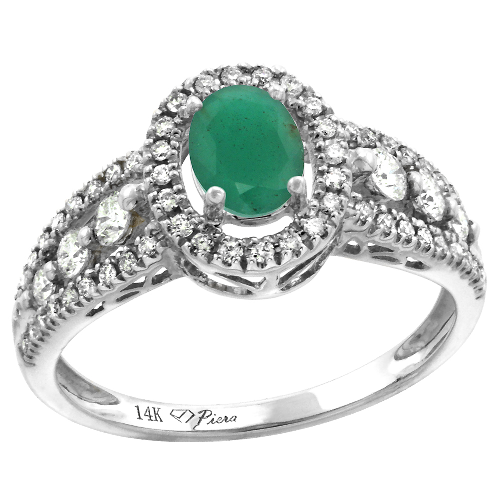 14k White Gold Diamond Genuine Emerald Halo Engagement Ring Oval 7x5mm, size 5-10