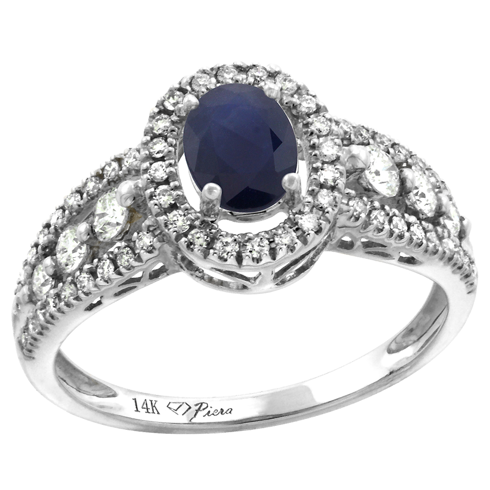 14k White Gold Diamond Genuine Blue Sapphire Halo Engagement Ring Oval 7x5mm, size 5-10