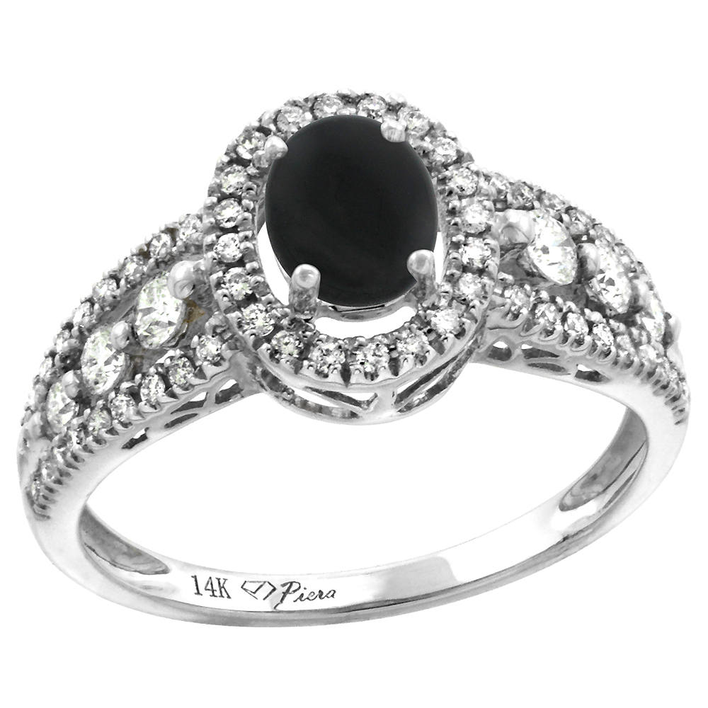 14k White Gold Diamond Genuine Black Onyx Halo Engagement Ring Oval 7x5mm, size 5-10