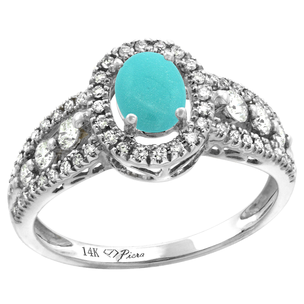 14k White Gold Diamond Genuine Turquoise Halo Engagement Ring Oval 7x5mm, size 5-10