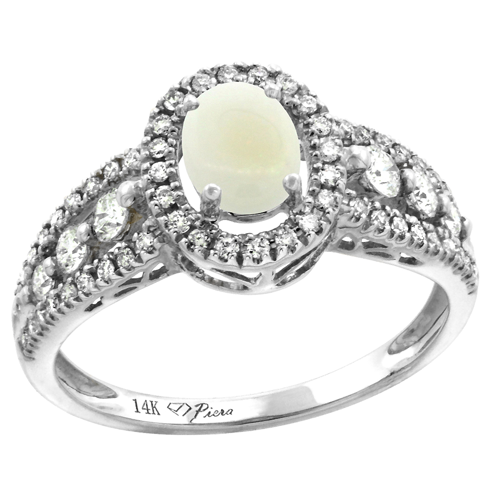 14k White Gold Diamond Genuine Opal Halo Engagement Ring Oval 7x5mm, size 5-10