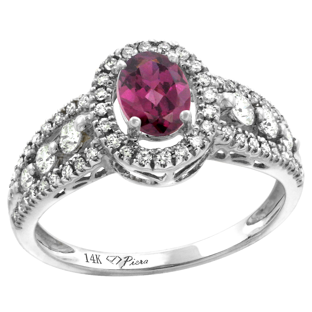 14k White Gold Diamond Genuine Rhodolite Garnet Halo Engagement Ring Oval 7x5mm, size 5-10