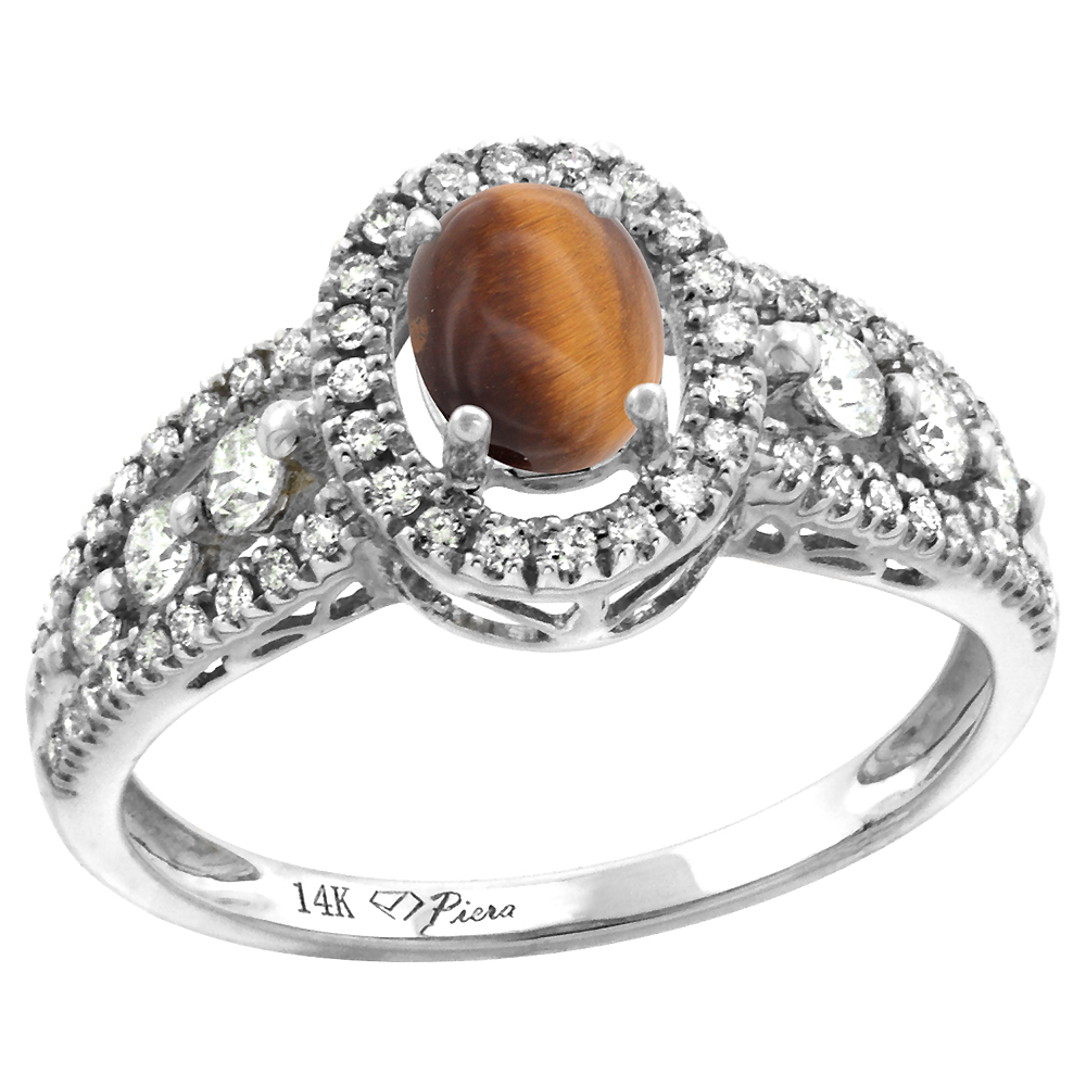14k White Gold Diamond Genuine Tiger Eye Halo Engagement Ring Oval 7x5mm, size 5-10