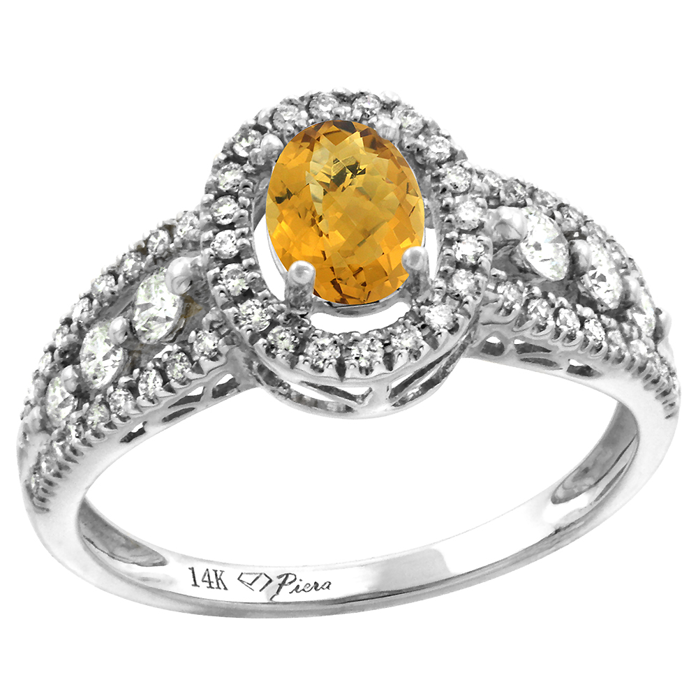 14k White Gold Diamond Genuine Whisky Quartz Halo Engagement Ring Oval 7x5mm, size 5-10