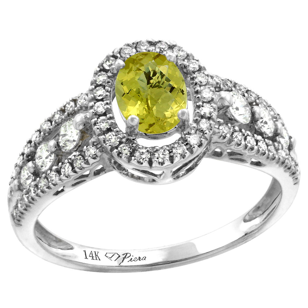 14k White Gold Diamond Genuine Lemon Quartz Halo Engagement Ring Oval 7x5mm, size 5-10