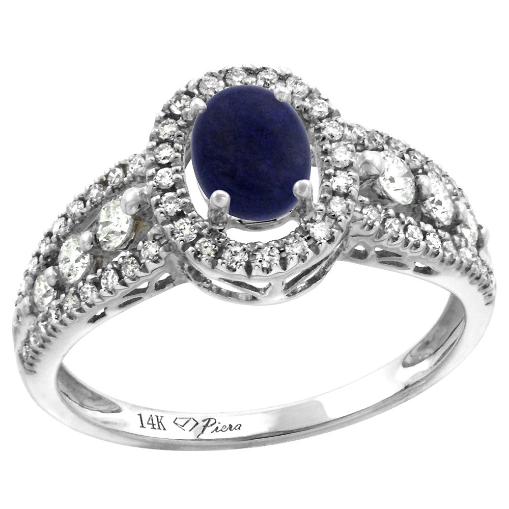 14k White Gold Diamond Genuine Lapis Lazuli Halo Engagement Ring Oval 7x5mm, size 5-10